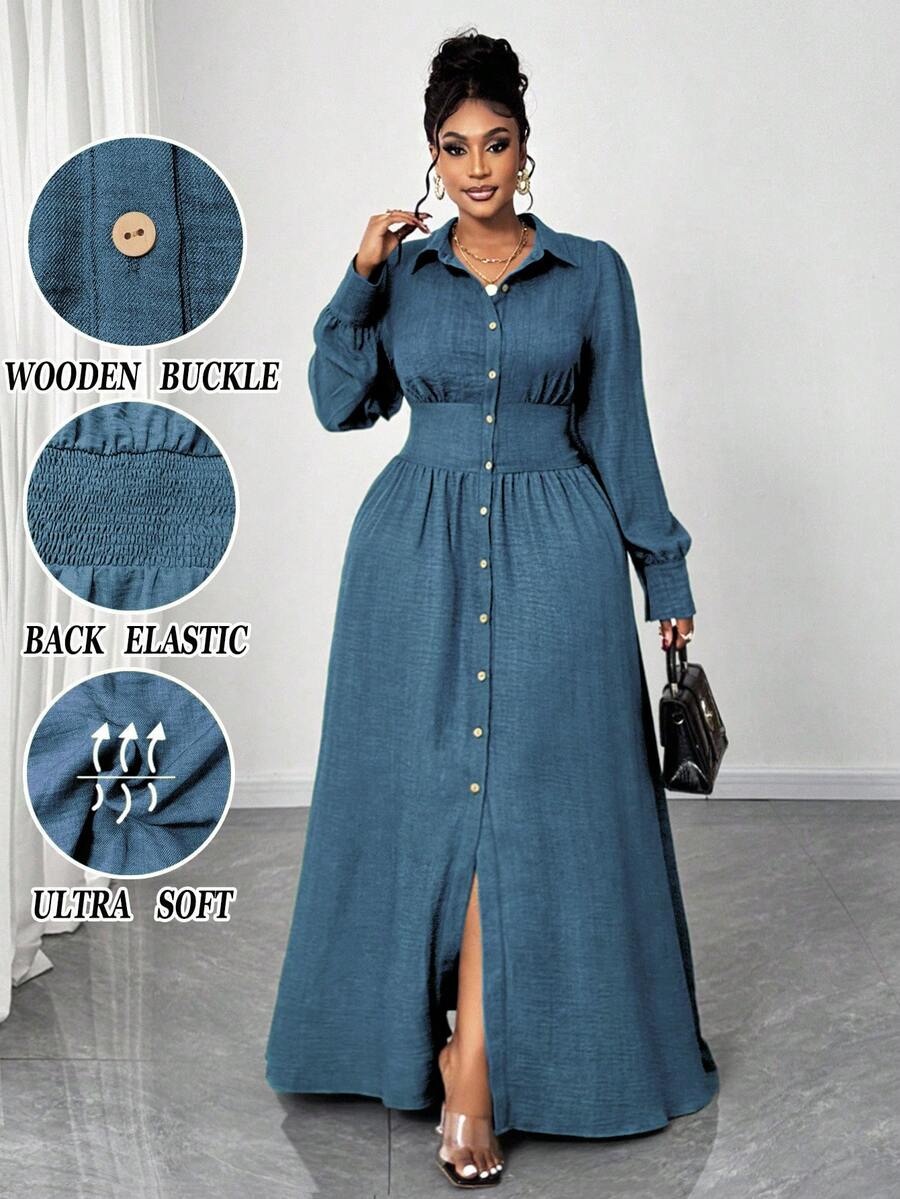 Maweii Vestido camisa casual de manga larga, de un solo pecho, con cintura ceñida, de unicolor, para mujer de talla grande - Azul - Ver 1