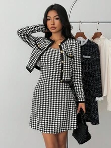 2pcs/Set Teen Girl Casual & Commute Fashion Elegant Black & White Houndstooth Slip Dress And Color Block Metal Button Decor Jacket, Stylish Outfit For Daily Wear, Autumn/Winter, Preppy Dress, Long Sleeve Dresses, Checked Dress, Houndstooth Dress, Plaid Dress