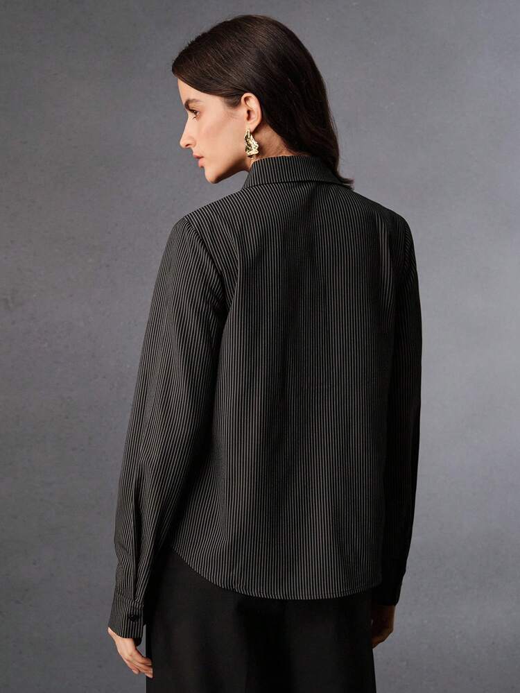 Spring & Autumn New Urban Chic 3D Beaded Striped Lapel Long Sleeve Women Shirt