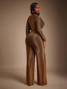 Radiana Plus Size Women's Elegant & Sexy High Stretch Metallic Shiny Fabric Asymmetrical Metal Buckle Deep V-Neck Jumpsuit, Autumn/Winter