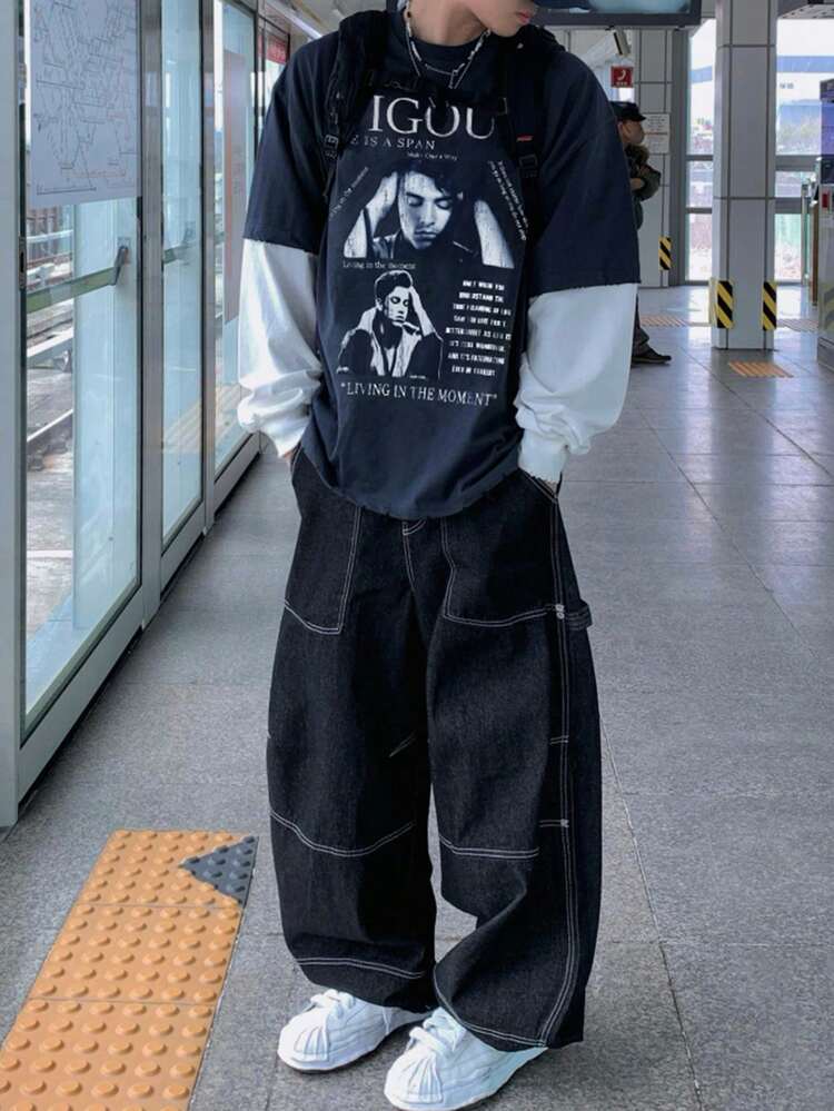 Men's Spring/Summer Letter Print Color Block T-Shirt Back To School,Graphic Tees Long Sleeve Men Shirt, For Fall