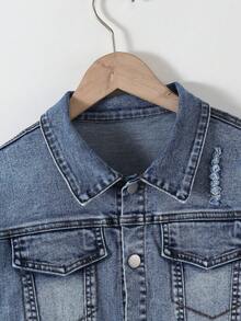 Tween Boys 2pcs Denim Outfit, Autumn New Arrival, Versatile College Style, Street Fashion, Vintage Dark Blue Washed Distressed Ripped Slim Fit Denim Jacket Coat Paired With Slim Fit Denim Pants, Soft & Comfortable Fabric, Casual & Simple Style For Teenage Boys Fall Winter