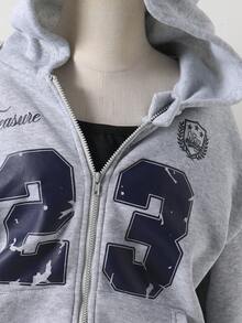 Sweetra Young Autumn/Winter Girls' Hooded Zip-Up Jacket With English Print - Contrast Letter Print Mix Street Style, Warm Knit Fabric Suitable For Autumn/Winter, Slightly Oversized Fit Allows Room For Growth, Energetic Campus & Street Style! - Grey - View 5