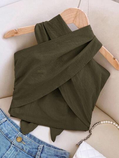 Travachic Parte superior casual de mujer de unicolor con cuello halter cruzado, para playa de verano, en color verde oliva, parte superior casual elegante, en color verde oscuro, para salir de forma casual, Año Nuevo, Acción de Gracias, Navidad