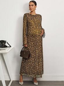 MaterniWear Rochie elegantă pentru femei însărcinate, cu imprimeu leopard și guler rotund, mâneci evazate - Maro - Vizualizare 5