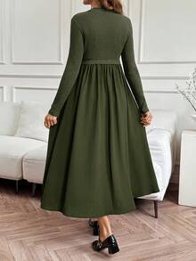 SHEIN Đầm bầu tay dài cổ tròn màu trơn thường ngày - xanh quân đội - Xem 2
