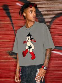 ROMWE MEN Astro Boy X ROMWE Camiseta holgada con gráfico de dibujos animados para hombre en verano - Gris Oscuro - Ver 4