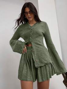 Christmas Women's Elegant Commuter Cardigan And Pleated Skirt 2 Pieces Set, Autumn Sage Green Outfit - Green - View 3