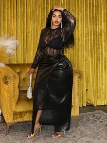 Slaydiva 2025 大码女式冬季弹力黑色蕾丝连衣裙搭配 PU 皮革开叉领带两件套，适合圣诞服装/新年服装/休闲装/通勤机场装/女士感恩节装/性感装/女士优雅套装/优雅派对礼服 - 黑色 - 查看 4