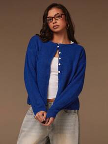 Athîral 女士宝石蓝针织开衫，柔软纱线，宽松直筒版型，经典圆领落肩长袖，简约时尚，适合春秋季叠穿，亮蓝色针织纽扣开衫，冬季，新年，秋冬季，蓝色开衫 - 寶藍色 - 查看 5