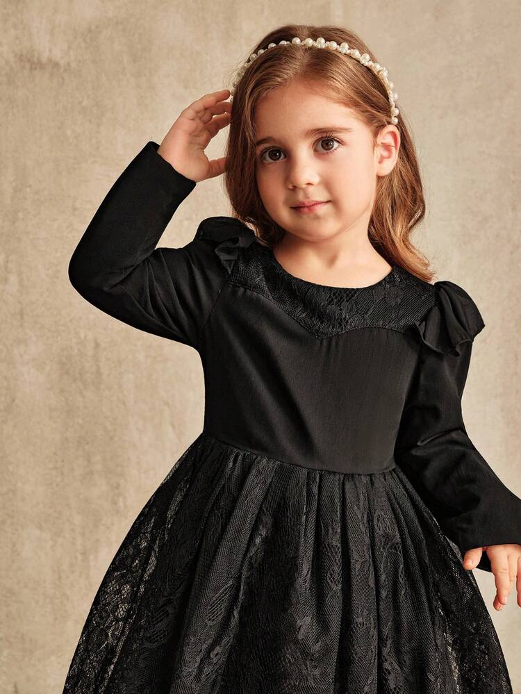 SHEIN Christmas Kids Dress, Partywear ,Santa Dress , New Years Dress, Black Dress  Christmas Children's Ball Dress, Girl's Princess Dress, Black Long Sleeve Lace Mesh Puff Dress, Parent Child Dress, Combination Dress, Autumn/Winter New Christmas Party Dress, Winter Clothes - Black - View 4
