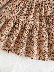 SHEIN Emery Rose Kids 年轻女孩碎花圆领泡泡袖修身休闲蛋糕 A 字连衣裙，秋冬，日常穿着，学校 - 卡其色 - 查看 7