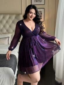 Vibekara 女式加大码金属光泽V领长袖百褶腰派对连衣裙 - 紫色 - 查看 3