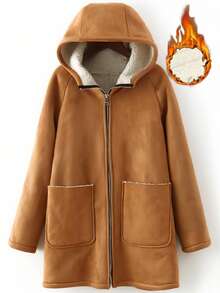 Franclia New Autumn/Winter Brown Raglan Sleeve Long Sleeve Pocket Loose Mid-Length Fleece Jacket For Women - Khaki - View 1