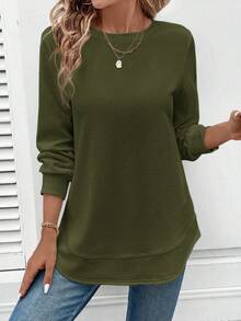 SHEIN LUNE Moletom feminino casual confortável com gola redonda e bainha assimétrica, textura waffle, blusa básica verde-oliva, blusa feminina de manga comprida, blusa de cor sólida, blusa verde de manga comprida, roupas de outono e inverno para mulheres