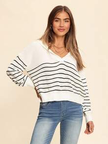 Coeurva 秋冬条纹水手领落肩毛衣、长袖上衣 - 白色 - 查看 3