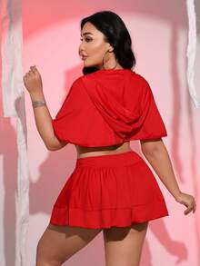 Fantasy Costume Fantasy Costume 3pcs Red Little Red Riding Hood Cosplay,Summer Curve Plus Size Low-Cut Ruffled Cloak,Mini Skirt & Lingerie Set For Rave Party,Music Festival - Red - View 2