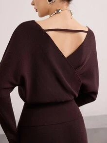 Heiryn Women's Elegant Solid Color Batwing Sleeve Sweater And Knit Skirt 2 Pieces Set, Autumn/Winter - Rust Brown - View 2