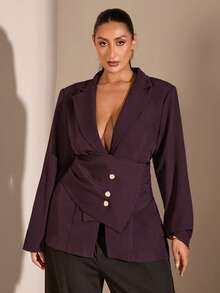 SHEIN BAE Blazer de talla grande de unicolor con cintura ceñida, adecuado para el trabajo - Rosa Fucsia - Ver 5
