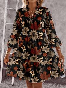 EMERY ROSE 休闲浪漫秋季枫叶和花朵印花大码女式A字连衣裙 - 彩色 - 查看 6