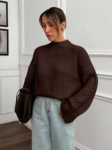 EURMUSE Women Solid Color Mock Neck Cable Knit Detailed Sleeve Drop Shoulder Pullover - Brown - View 7