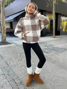 SHEIN 青少年女孩毛绒格子印花半拉链插肩泰迪熊运动衫、长袖上衣、羊毛套头衫，适合秋冬季 - 卡其色 - 查看 5