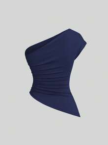 Sweetra Women's Elegant Asymmetric-Shoulder Ruched Asymmetric Blouse Set - Multicolor - View 3