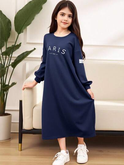 SHEIN 青少年女孩休闲宽松保暖长袖文字图案运动衫连衣裙