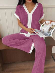 Lazeform 2件套女士针织休闲拼色V领短袖上衣和裤子睡衣套装 - 粉色 - 查看 4