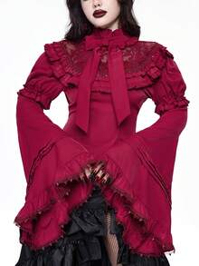 ROMWE Goth Elegant Palace Style Lace Trim Extra-Wide Bell Sleeve Lolita Christmas Fitted Bow Blouse - Red - View 4