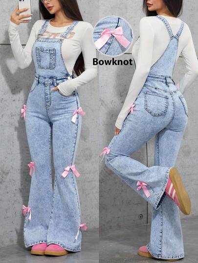 SHEIN Mono vaquero con pernera acampanada, lavado claro, con lazo, estilo vintage y lindo, adecuado para uso diario, viajes, exterior y hogar, para adolescentes y chicas jóvenes