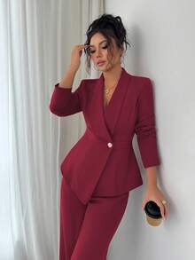 Elenzga 女士西装套装，西装面料，翻领，长袖，腰部收紧 A 字形不对称下摆，金属纽扣装饰，精致优雅，适合办公室、通勤、街头风格、法式浪漫、休闲、中东复古、下午茶、派对、感恩节、返校、秋冬 - 紅色 - 查看 6