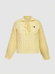 SHEIN MOD Women's Collegiate Style Embroidered Polo Collar Bowknot Knot Textured Yellow Sweater,Office,Work, Knitwear, Butter Yellow Sweater, Yellow Cable Knit Sweater,Fall/Winter - Yellow - View 2