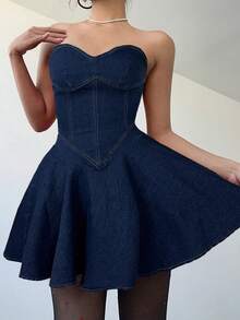 Aloruh Đầm denim mini dáng chữ A hở vai cổ chữ V phong cách Boho, Đầm denim nữ, Đầm bó sát, Trang phục mùa hè, Đầm mùa hè cho nữ, Đầm gợi cảm và đầm bandeau, Trang phục Rave, Quần áo Y2k, Đầm nghỉ dưỡng, Đầm bồng bềnh - Rửa tối - Xem 4