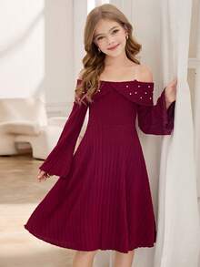 Vestido de punto acanalado con hombros descubiertos color borgoña con decoración de perlas falsas para niñas preadolescentes, adecuado para ir al trabajo, fiestas de noche y reuniones - Burdeos - Ver 2