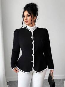 Elenzga 女式加大码白色丝带撞色块前开圆领插肩长袖 A 字宽松优雅舒适百搭休闲夹克，秋季