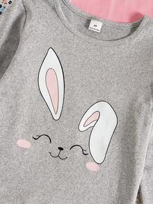 SHEIN Elladie kids 女童可爱卡通兔子条纹碎花长袖T恤，多件装 - 彩色 - 查看 3