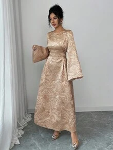 Yasmyna 女士秋冬黄色提花连衣裙，侧系腰带，适合外出 - 黃色 - 查看 6