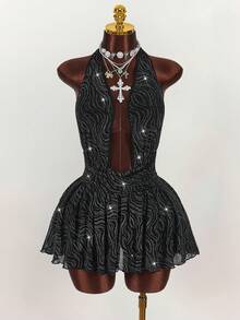 Amplova Halter Deep V-Neck Sleeveless Ruffle Pleated Sexy Bodycon Mini Slip Dress - Black - View 3