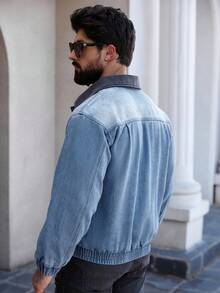 Manfinity Homme 男士时尚休闲水洗拉链多口袋牛仔夹克，秋季款 - 藍色 - 查看 2