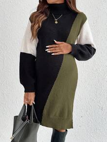 SHEIN Umstandsmode Lässig Farbblock Patchwork Rollkragen Strickkleid, Herbst/Winter