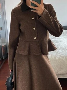 DAZY Elegante conjunto de 2 piezas: chaqueta holgada de negocios casuales en color marrón y falda de línea A, adecuado para la oficina y el transporte en otoño/invierno - Café integral - Ver 5
