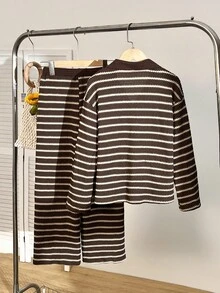 青少年女孩条纹 Polo 领落肩长袖 T 恤和阔腿裤休闲宽松套装 - 彩色 - 查看 2