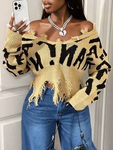 BamGleam Autumn/Winter Short Ripped English Letter Pullover Sweater ...