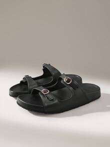 Solecia Sandalias planas casuales de slip-on negras para mujer - Negro - Ver 1