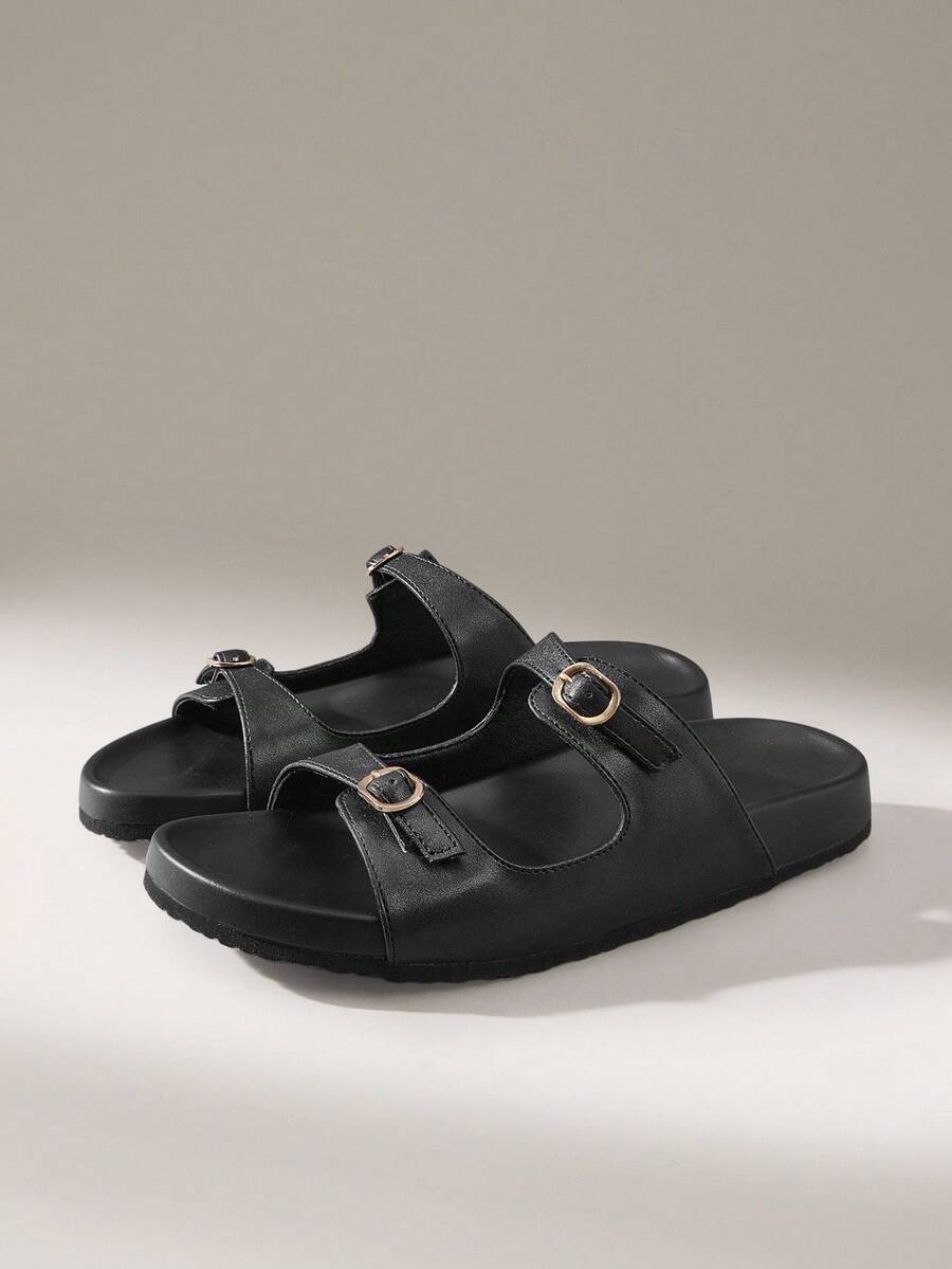 Solecia Sandalias planas casuales de slip-on negras para mujer - Negro - Ver 1