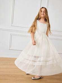 Robe de mode sans manches à col carré et ourlet en maille de couleur unie pour préadolescentes - Blanc - Voir 6