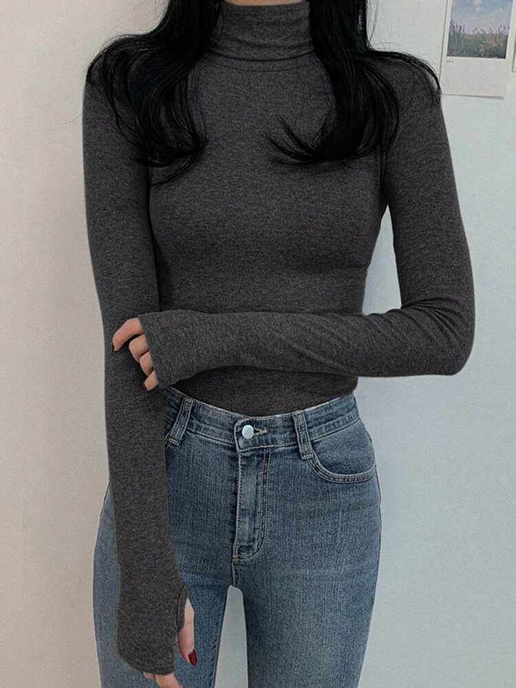 Women's Turtleneck Tight Fitting Thermal Lined T-Shirt Long Sleeve Top