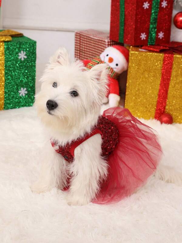 PETSIN Christmas Red Mesh Contrast Sequin Pet Dress