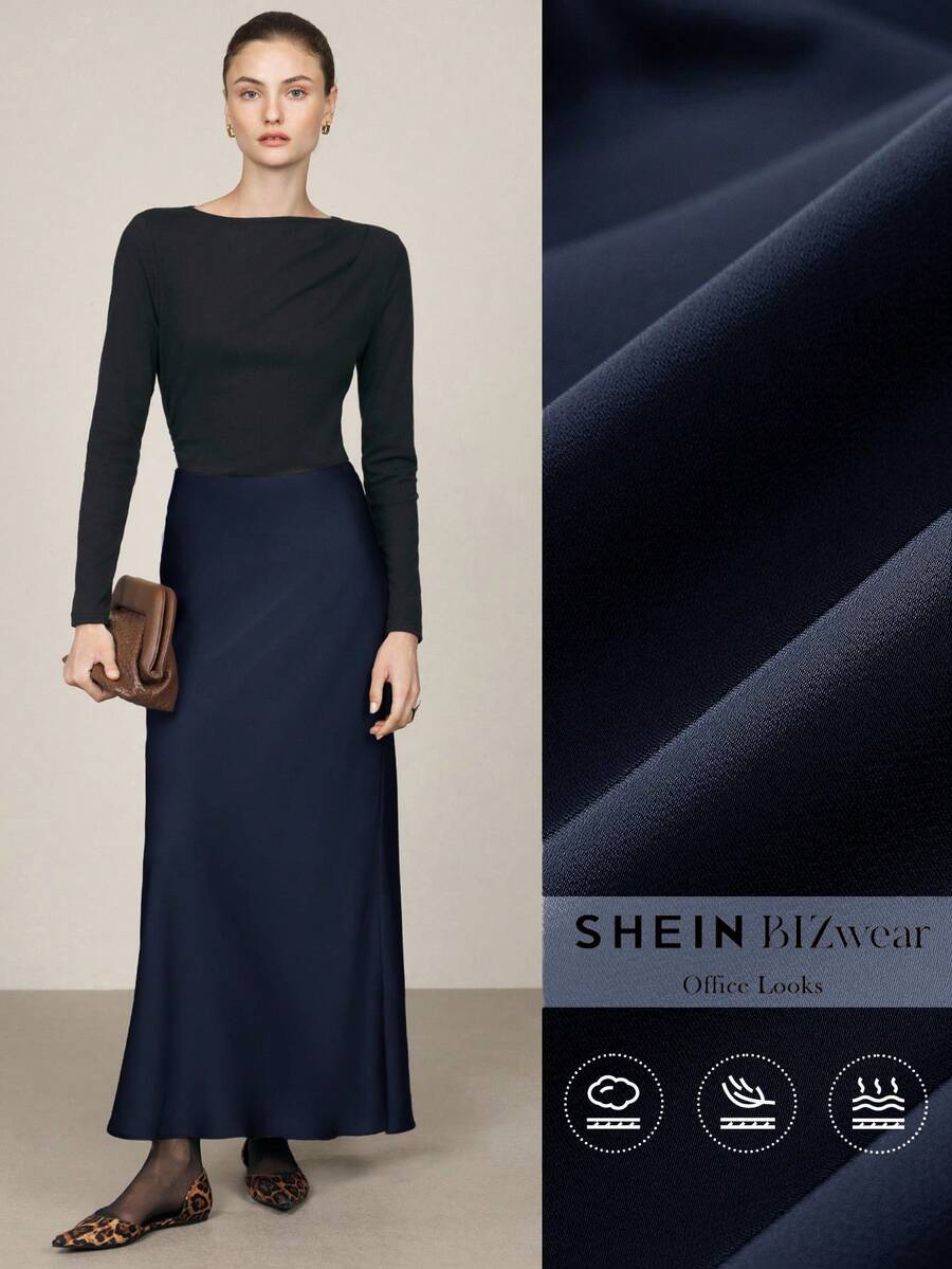 BizChic 2025秋冬海军蓝高腰鱼尾下摆设计女裙,现代优雅商务休闲办公装,经典永恒风格,百搭浪漫,适合正式场合、派对、婚礼、音乐会、早午餐、机场、国庆节、新年、圣诞节、感恩节 - 藏蓝色 - 查看 1